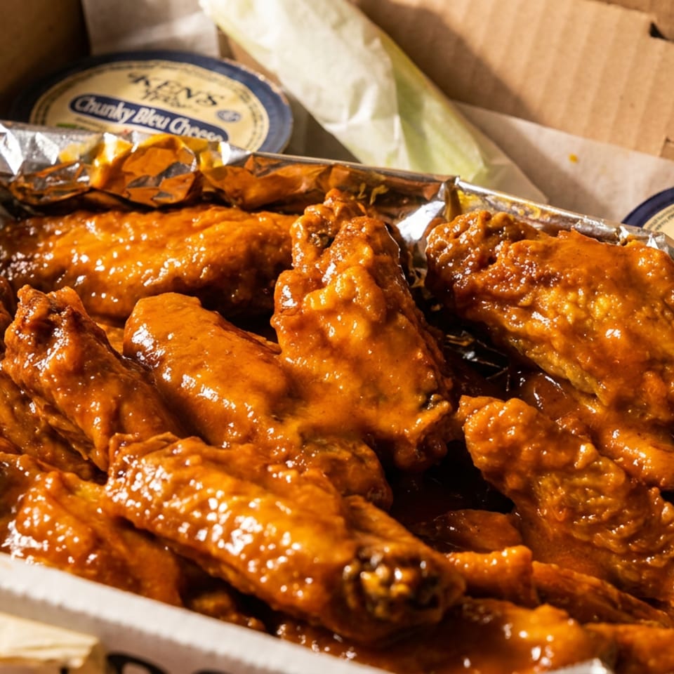 Close-up of saucy chicken wings in a foil-lined cardboard box with two Ken's Chunky Bleu Cheese cups.