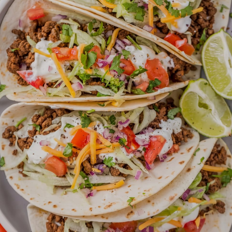 Plate of soft tacos filled with seasoned ground beef, lettuce, tomatoes, cheese, onions, cilantro, sour cream, and lime wedges.