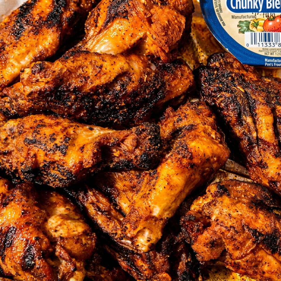 Grilled chicken wings with a side of Chunky Bleu Cheese dressing in a foil-lined container.