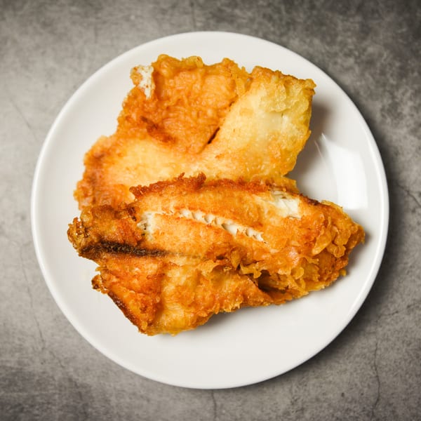 Two pieces of golden-brown fried fish with visible white flesh on a white plate.