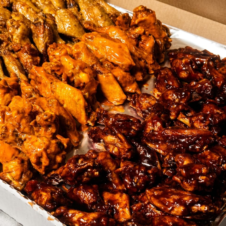 A large pizza box filled with three rows of chicken wings in different sauces: plain, buffalo, and BBQ.