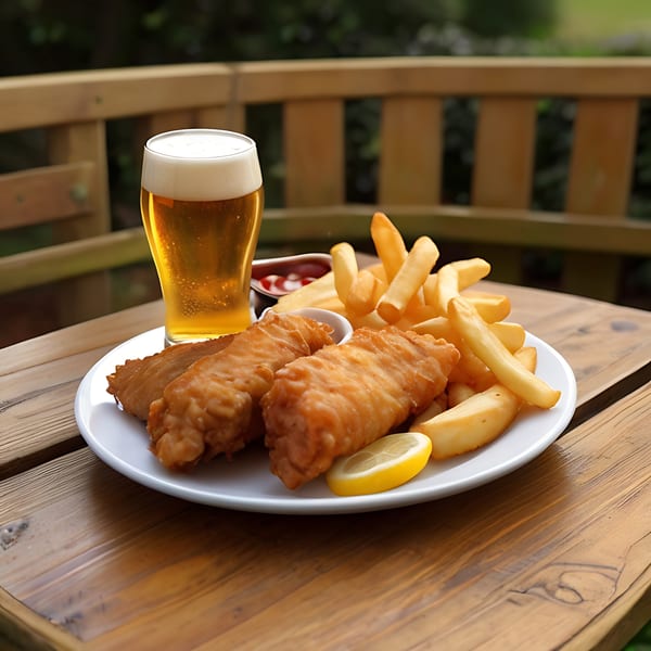 Fish and chips with a lemon wedge, ketchup, and a glass of beer on a wooden table outdoors.