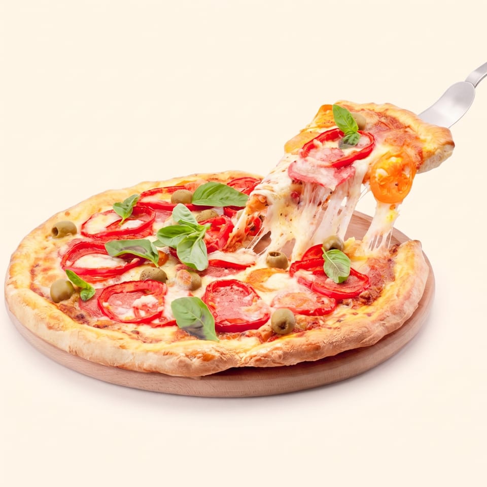 A slice of pizza with melted cheese, tomatoes, olives, and basil being lifted from a whole pizza.